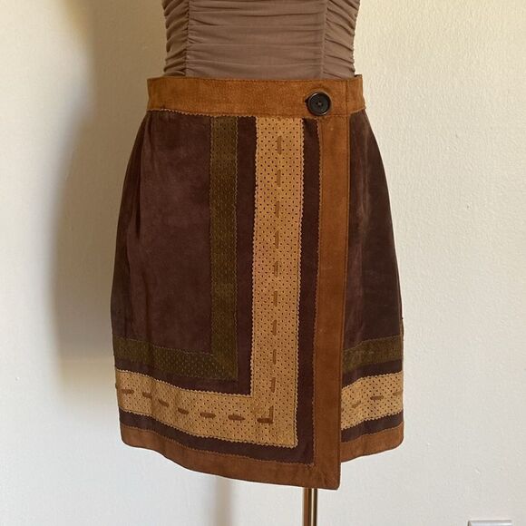 Vintage Brown & Tan Multi-panel Genuine Suede Leather Mini Wrap Skirt Size Small - Picture 3 of 14